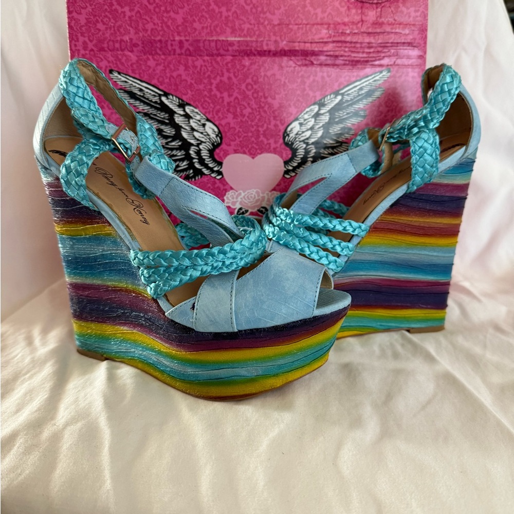 Penny loves Kenny Blue Rainbow Wedge Sandals - Size 9
